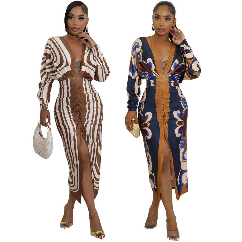 Womens Deep V-Neck Long Sleeve Printed Dress