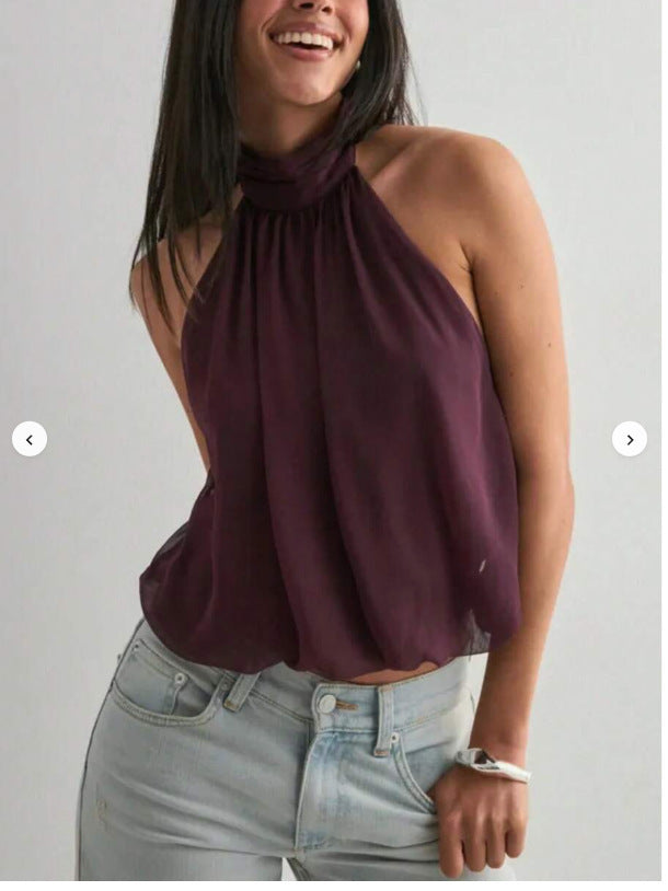 New Solid Color Design Backless Slimming Halter Tie Chiffon Top