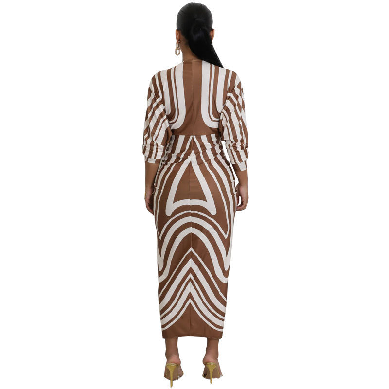 Womens Deep V-Neck Long Sleeve Printed Dress