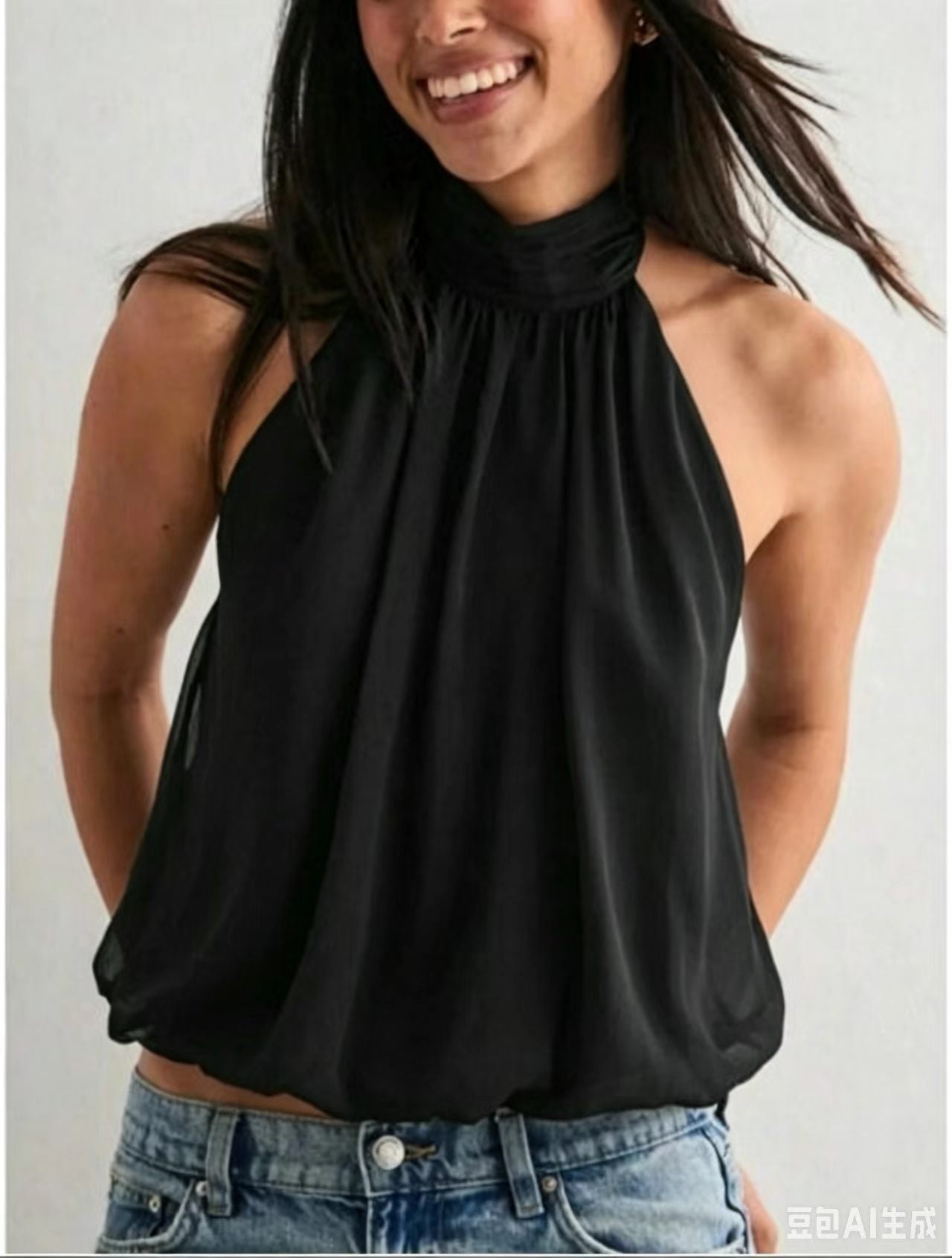 New Solid Color Design Backless Slimming Halter Tie Chiffon Top