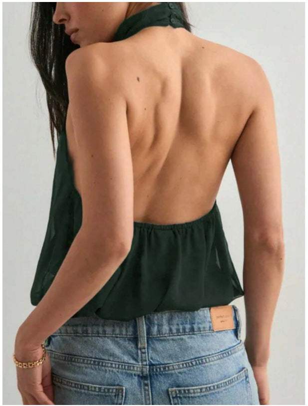New Solid Color Design Backless Slimming Halter Tie Chiffon Top