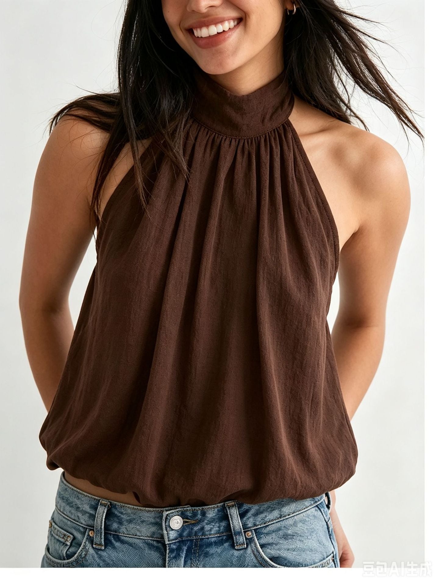 New Solid Color Design Backless Slimming Halter Tie Chiffon Top