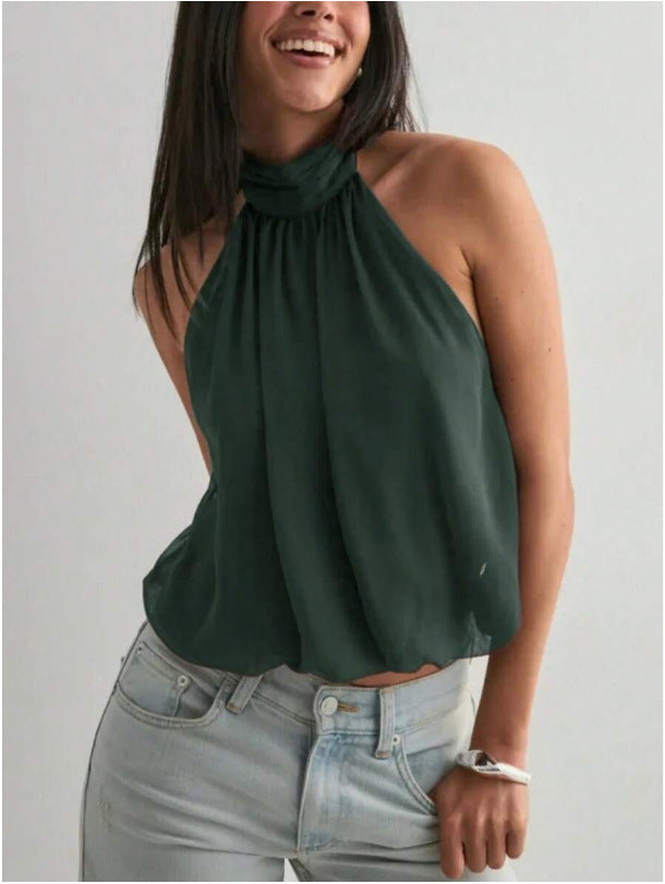 New Solid Color Design Backless Slimming Halter Tie Chiffon Top