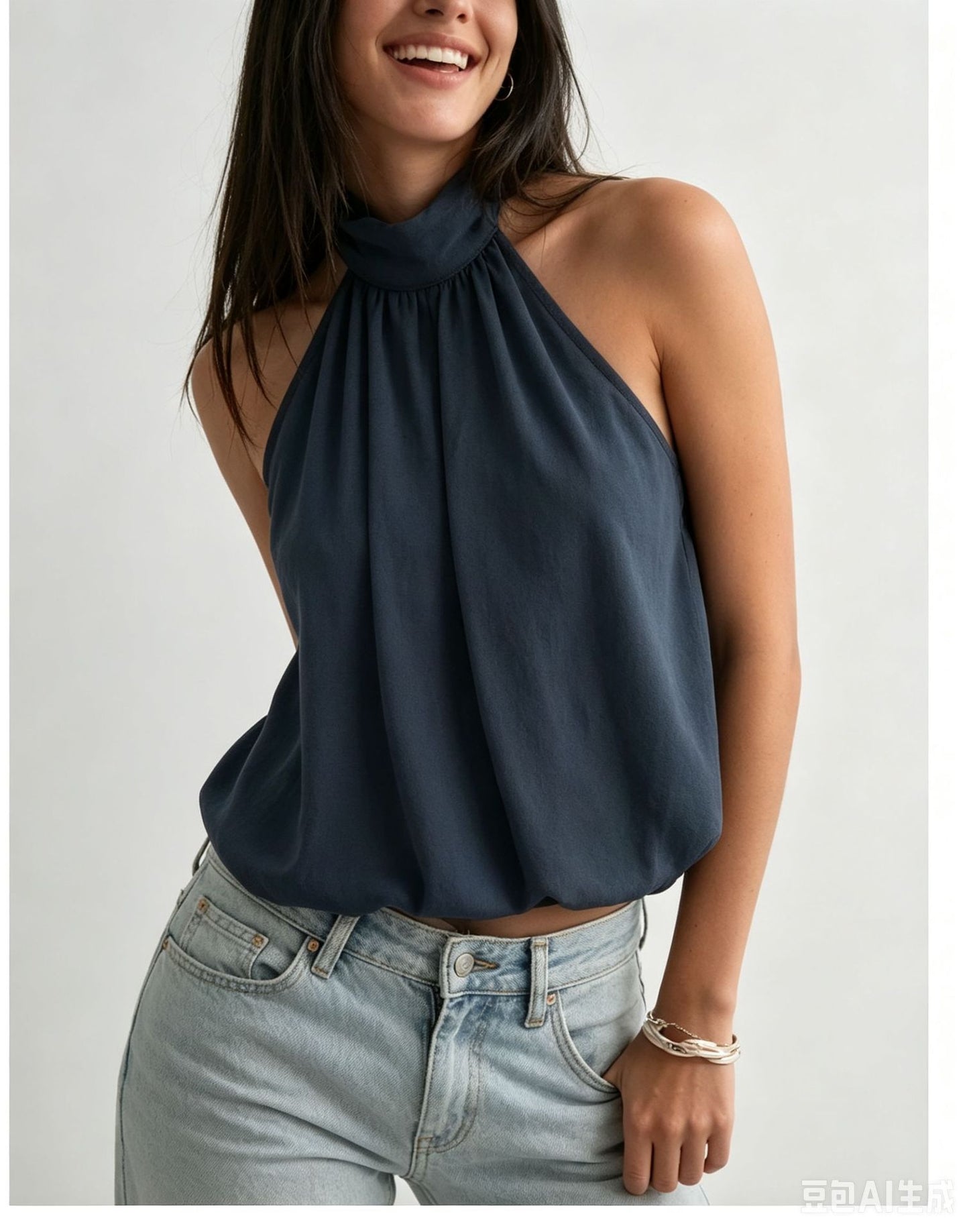 New Solid Color Design Backless Slimming Halter Tie Chiffon Top