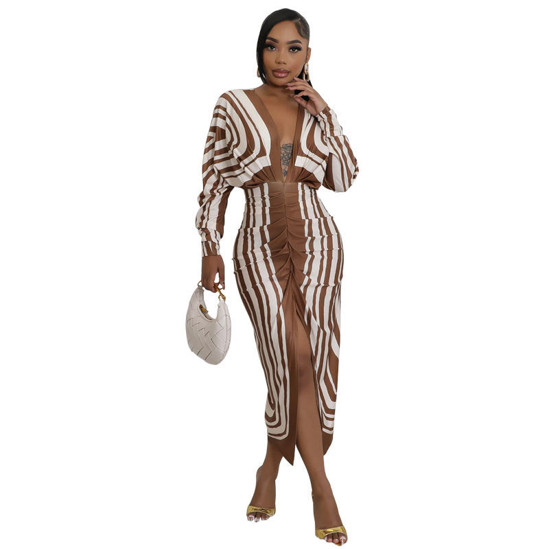 Womens Deep V-Neck Long Sleeve Printed Dress