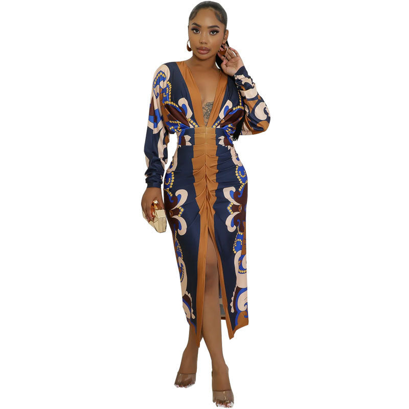 Womens Deep V-Neck Long Sleeve Printed Dress